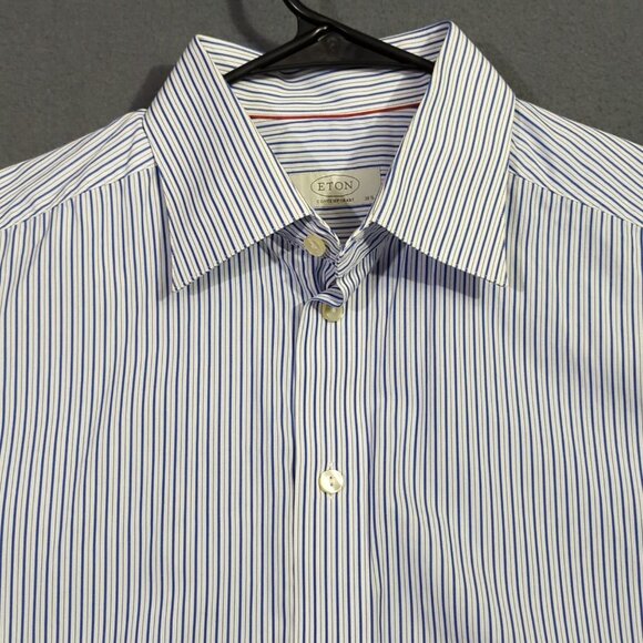 Eton Shirt Mens 16.5 42 Blue Striped Contemporary Cotton Long Sleeve French Cuff - Picture 2 of 10